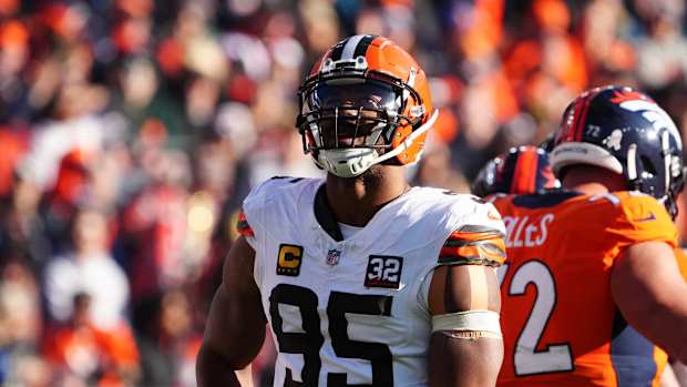 Nov 26, 2023; Denver, Colorado, USA; Cleveland Browns defensive end Myles Garrett (95) during a video review in the first quarter against the Denver Broncos at Empower Field at Mile High.